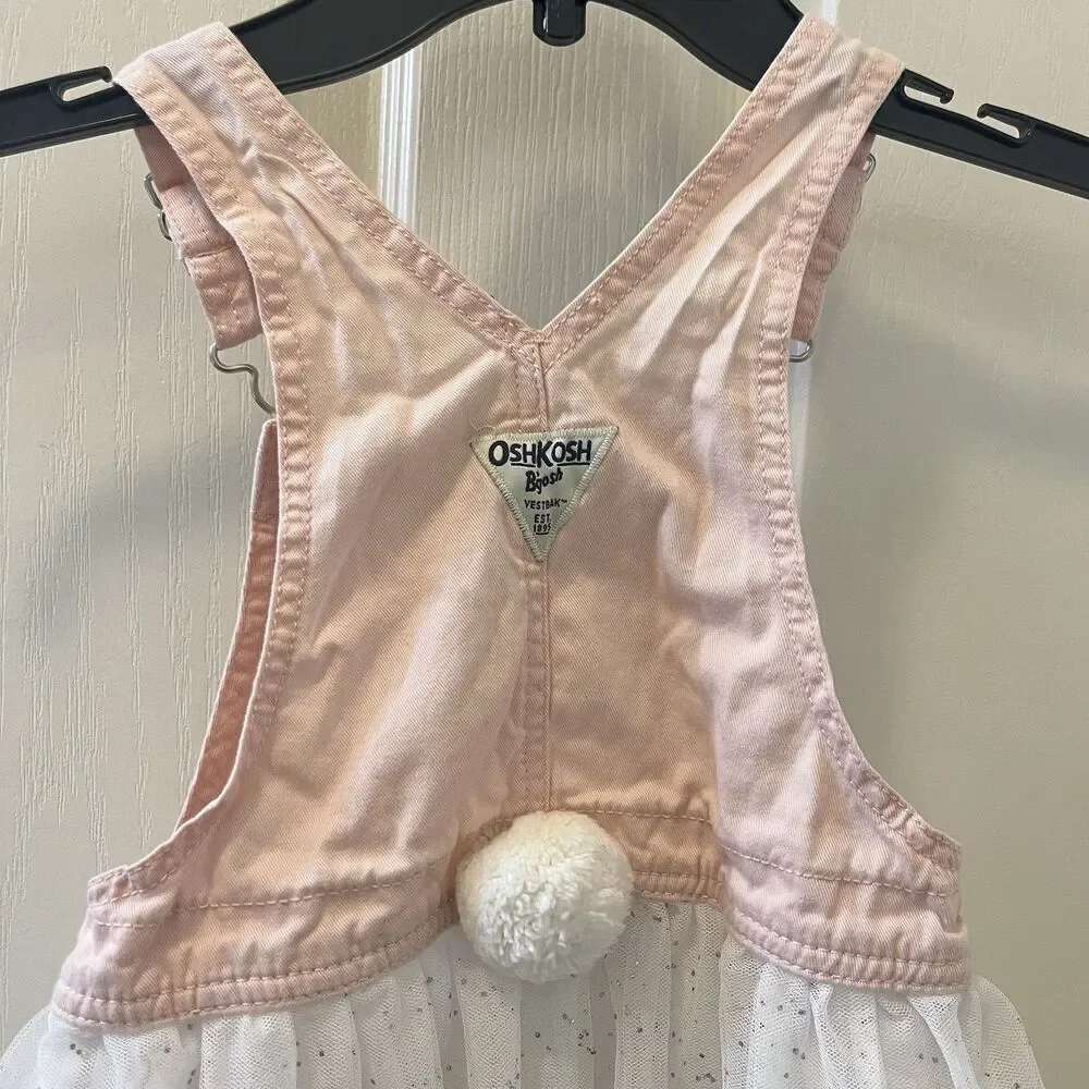 Oshkosh B'gosh Pink Overall Dress Bunny Rabbit White Tulle Girls Size 5T